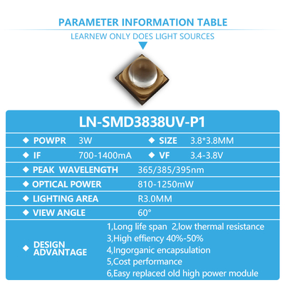 3W UVA LED Chip 365nm Panjang Gelombang 3.8x3.8mm Ukuran