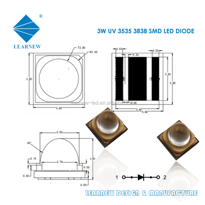 3W UVA LED Chip 365nm Panjang Gelombang 3.8x3.8mm Ukuran